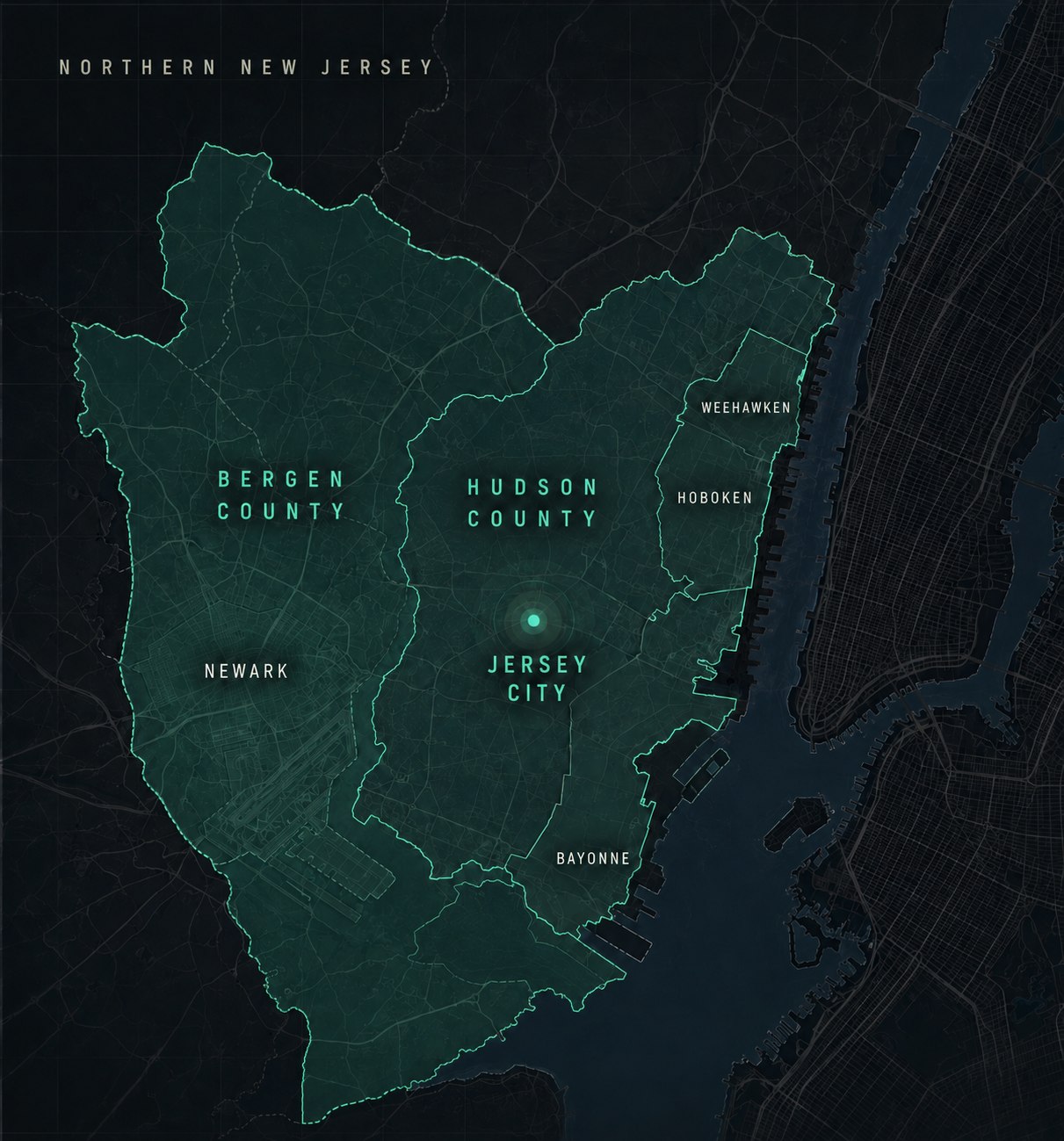 Map of Northern New Jersey showing ARC's coverage radiating from Jersey City through Hudson County to Hoboken, Weehawken, Bayonne, Newark and Bergen County.